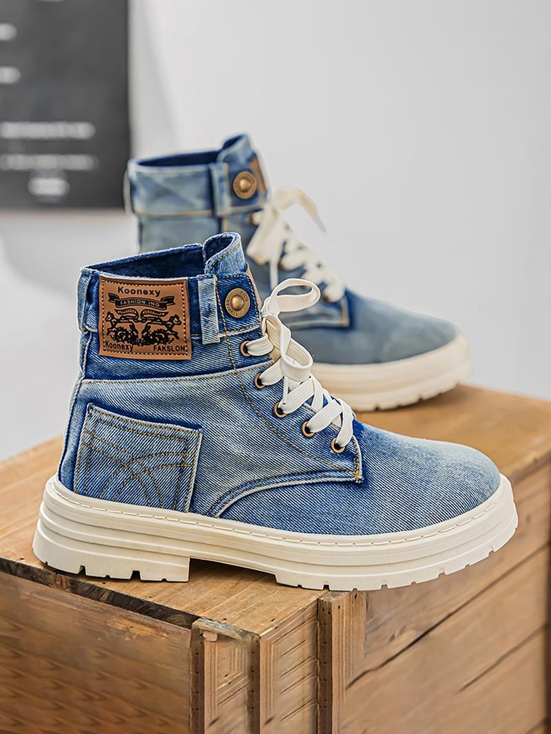 Fashionable Denim Design Lace Up Boots