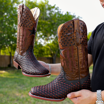 Brown Basketweave Leather Boots - Square Toe