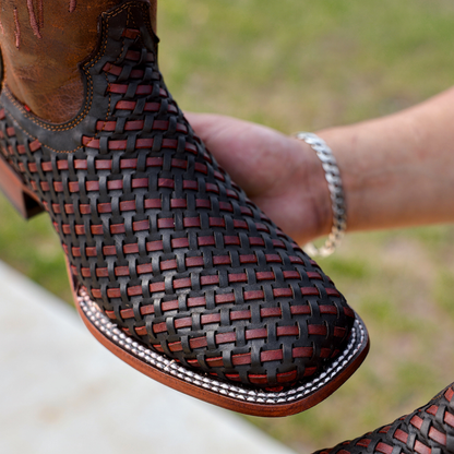 Brown Basketweave Leather Boots - Square Toe