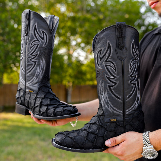 Matte Black Jumbo Pirarucu Leather Boots - Square Toe