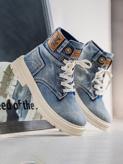 Fashionable Denim Design Lace Up Boots