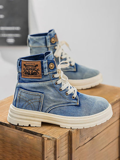 Fashionable Denim Design Lace Up Boots